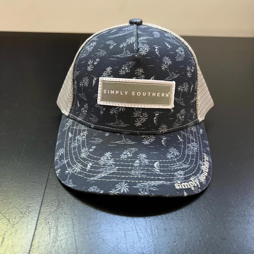 Simply Southern Trucker Hat Navy Blue Tropical Palm Tree Mesh OSFM